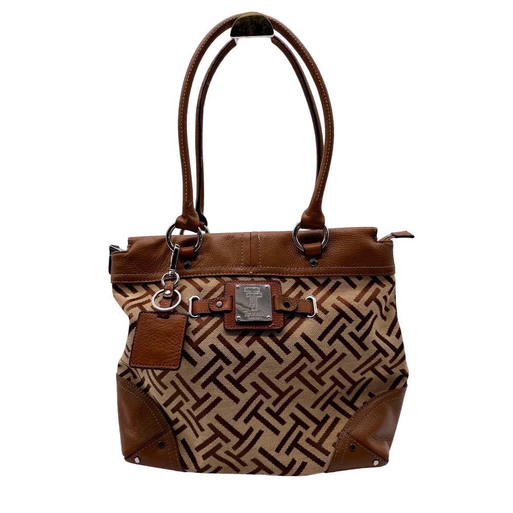 Tignanello Shoulder Bag Medium Brown Excellent Geometric Leather Canvas Tote